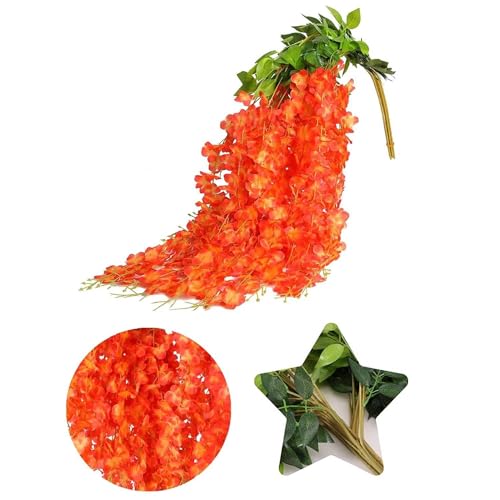 Image of 6 Pcs Artificial Polyester Hanging Flower Wisteria Vines Fake Flowers Vines for Home Party Wedding Garden Outdoor Greenery Decoration (6, Orange)