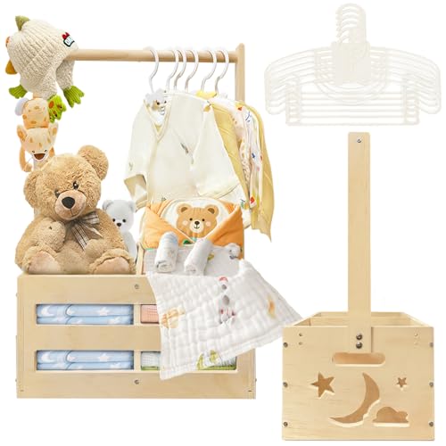 CDSDAS Wooden Baby Shower Crate Closet，Baby Shower Basket with Hangers and Dividers – Wooden Basket Gift for Girls & Boys, Pregnancy Gift for New Moms and Parents