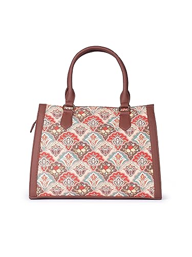 Image of ZOUK Printed Jute Handcrafted Vegan Leather Multicolor Women's Satchel Bag | Ladies Purse Handbag | Double Handle Detachable Strap