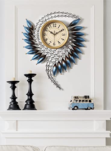 Shisedeco Crystal Metal Modern Peacock Wall Clock, 26"×21" Silent Non Ticking Mid Century Art 3D Decorative Diamond Elegant Big Clock For Kitchen, Living Room, Bedroom, Office Blue #TOP2