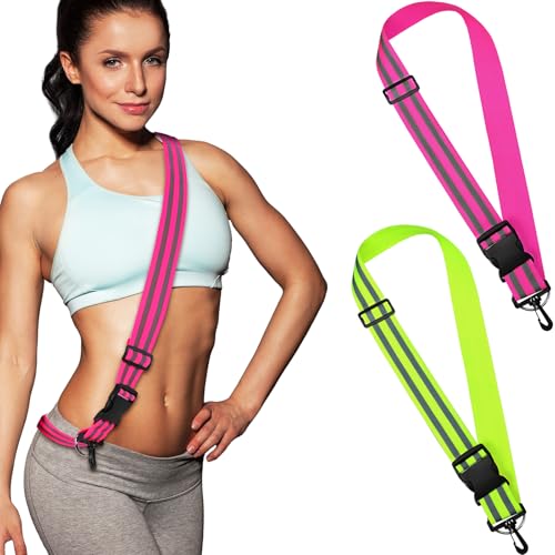 Saintrygo 2 Pieces Reflective Sash for Walking at Night Running Gear Safety Reflective High Visibility Jacket Adjustable Sash for Walking Cycling at Night (Fluorescent Green Rose Red)
