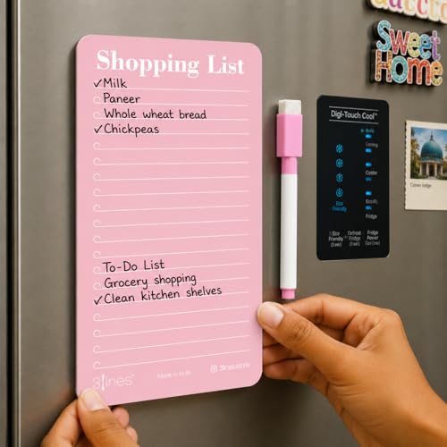 Image of 3 Lines Shopping List Fridge Magnet with Marker|Smart Planning & Shopping for Family, Working Professionals|Acrylic Magnetic Notepad for Kitchen Organisation|12x24 cms|Pink Guava Color|Large