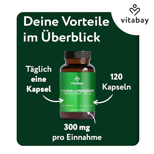Vitabay R-Alpha Liponsäure 300 mg – 120 Kapseln hochdosiert & vegan – Alpha Lipoic Acid – Laborgeprüft in Deutschland – Vorrat für 4 Monate