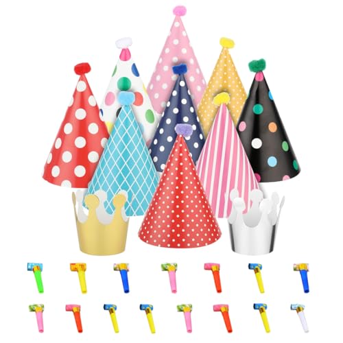 VYIBPDY 26 Pezzi,Cappellini Festa Compleanno,Cappellini festa compleanno bambini, in Carta con Corona Cono Colorati Fischietti, per Bambini e Adulti Decorazione,cappellini compleanno