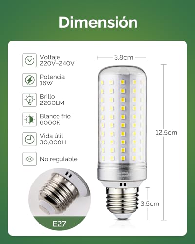 Bombilla E27 LED tipo maíz de 16W con ángulo de haz de 360° y luz blanca fría, 4 unidades 4