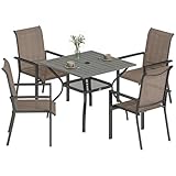 Outsunny 5 Pieces Garden Dining Set for 4, Patio Table and Stackable Chairs with Breathable Mesh Seat and Parasol Hole, Garden Furniture Set with Steel Frame for Garden, Grey and Khaki