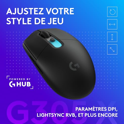 Logitech G G305 X Superlight, Souris Gaming sans Fil, PC Rechargeable légère de 61 g, capteur Hero 44K, LIGHTSYNC RVB, 6 Boutons programmables, Lightspeed, Bluetooth, Mac/PC - Noir