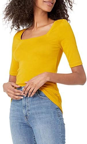 Amazon Essentials Women's Slim-Fit Half Sleeve Square Neck T-Shirt, Dark Yellow, Large