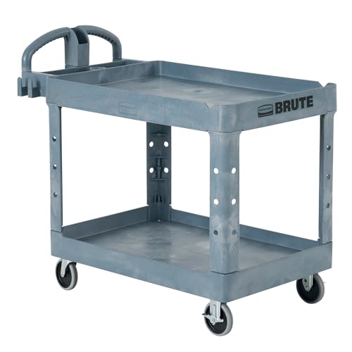 Image of Rubbermaid Commercial Products BRUTE Heavy Duty 2-Shelf Utility/Service Cart, Medium, Lipped Shelves, Ergonomic Handle, 500 lbs. Capacity, Gray, for Warehouse/Garage/Cleaning/Maintenance/Stadiums