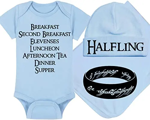 LOTR Baby Onesie, Hat and Blanket - Breakfast Second Breakfast Elevenses Luncheon Afternoon Tea - Halfling - The One Ring (0-3 Month - Blue Fabric - Black Design)