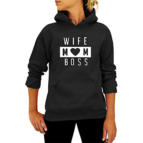 Image of Women's Hoodie Hooded Wife Mom Boss Ladies Hooded Top Long Sleeves Pullover Hoody Sweatshirt Black-S