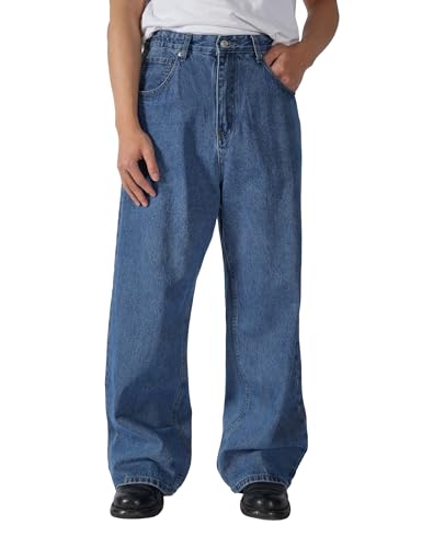 Plaid&Plain Men's Hip Hop Baggy Jeans Casual Wide Leg Y2k Skateboard Vintage Denim Pants Streetwear Dark Stone 28WX28L