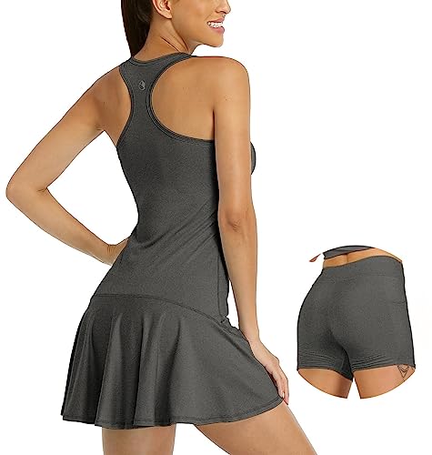 icyzone Vestido de tênis feminino com shorts, treino, exercício, corrida, costas nadador 2 em 1, Car