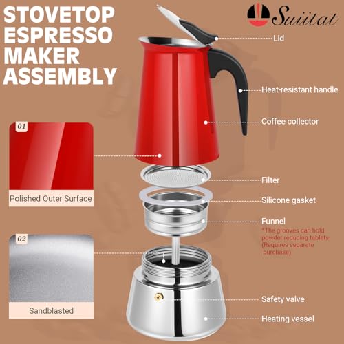 Image of Moka Pot, 6 Cups (10.6 oz) Stovetop Espresso Maker, 304 Stainless Steel Moka Pot, Induction Compatible, Red
