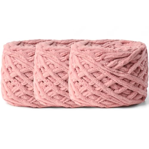 3 Pack Plush Chenille Chunky Yarn 100g (49.2yd) - Fluffy Velvet Yarn Crochet for Blanket Knitting and Crocheting - Baby Yarns for Crocheting Soft - Amigurumi Yarns (Dark Pink)
