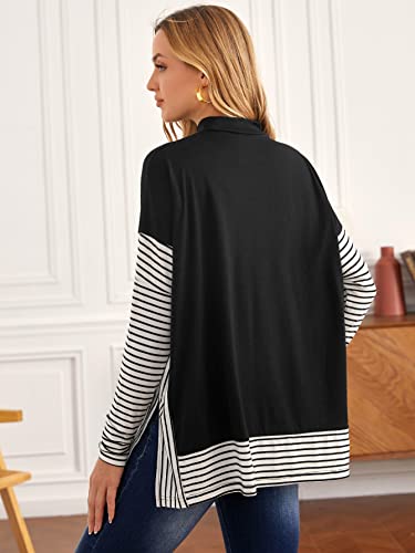 Makemechic Women's Oversized Maternity Mock Neck Striped Split Hem Colorblock Tee Shirt Tops Black Xl #TOP1