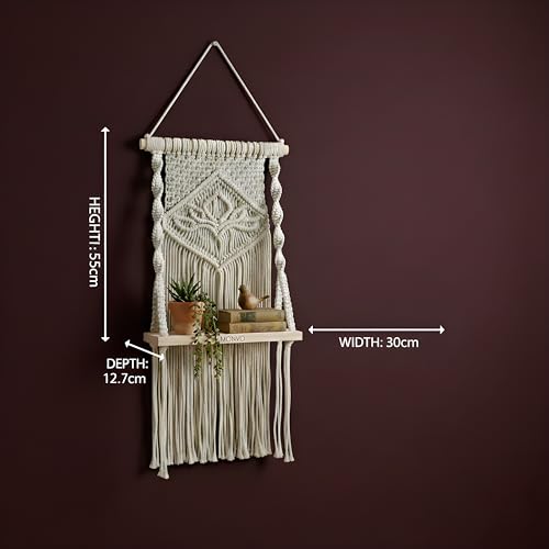 Image of Macrame Wall Hanging Shelf | Boho Decor Floating Wood Shelf with Adhesive Wall Hook | Handmade Cotton Rope Plant Holder for Bedroom, Living Room, Nursery | Size: 30 x 55 cm (Off-White)