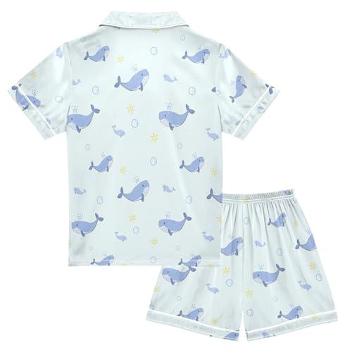 Cute Cartoon Blue Whale Summer Satin Pajama Set, Cute Button-Down Sleepwear Pj Set for Sleep Wears2