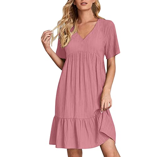 Robe d'été fluide rouge à manches courtes ligne A et taille haute froncée