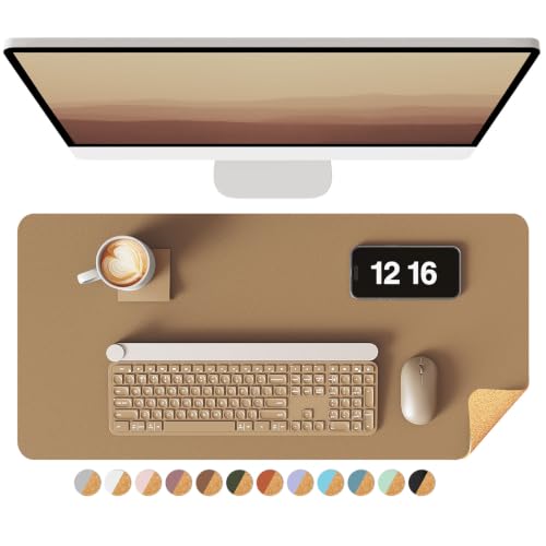 Image of YSAGi Leather Desk Mat, Eco Cork Protector, Large Mouse Pad, Waterproof Blotter - 23.6 inchx13.7 inch, Khaki + Cork
