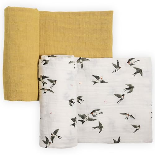 Image of Little Unicorn 100% Natural Organic Cotton Muslin Swaddle Blanket 2 Pack | Giftable Set of 2 swaddles (Swallows)