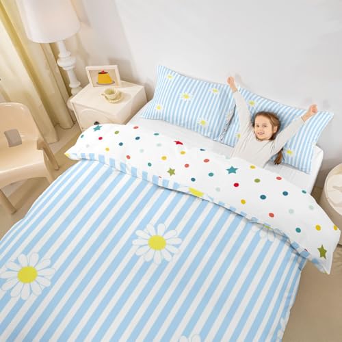 Housse de couette fleurs bleu striped 200x200 parure de lit botanique microfibre