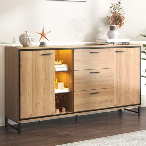 KOMHTOM Buffet Commode en Bois d'origine, Buffet Salle a Manger avec 2 Portes et 3 tiroirs, Meuble Polyvalent pour Le Salon, la Salle à Manger et Le Hall d'entrée (Naturel-B)