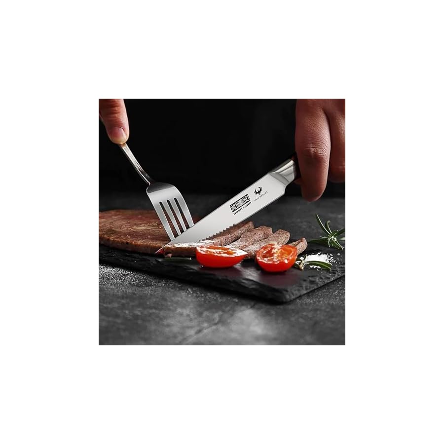HOSHANHO Steak Knife Set 8 Pieces, 4.5 Inch Super Sharp German High Carbon Stainless Steel Steak Knife Set, Professional Premium Serrated Precise Cutting with Ergonomic Wood Handle