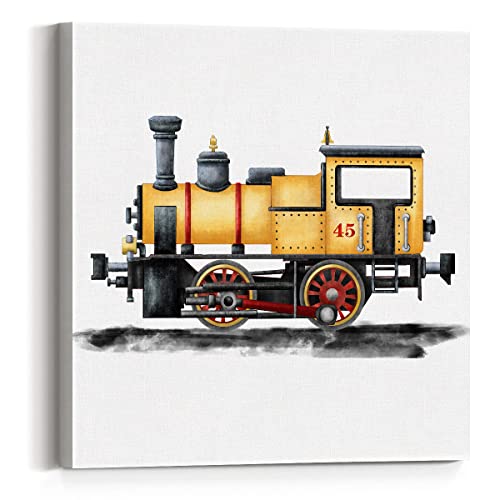 Watercolor Train Canvas Wall Art Transportation Steam Locomotive Painting Print Locomotive Canvas Framed Nursery Artwork Wall Decor For Home Bedroom Kids Playroom 12X12 Inch (Yellow) #TOP6