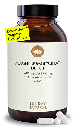 SUNDAY NATURAL® Magnesium Bisglycinat - 240 Kapseln - 300mg reines Magnesium pro Tagesdosis - Depot Magnesiumglycinat als organisches Aminosäurechelat - Laborgeprüft, vegan
