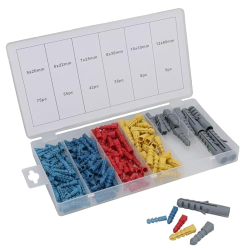 AB Tools 220pc Wallplugs Raw 20-60mm Rawl Plug Wall Coloured in Case Poly Anchor
