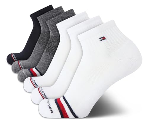 Tommy Hilfiger Mens Quarter Socks - 6 Pack Soft Cushioned Athletic Performance Ankle Socks for Men with Arch Support, Size 7-12, White Multi