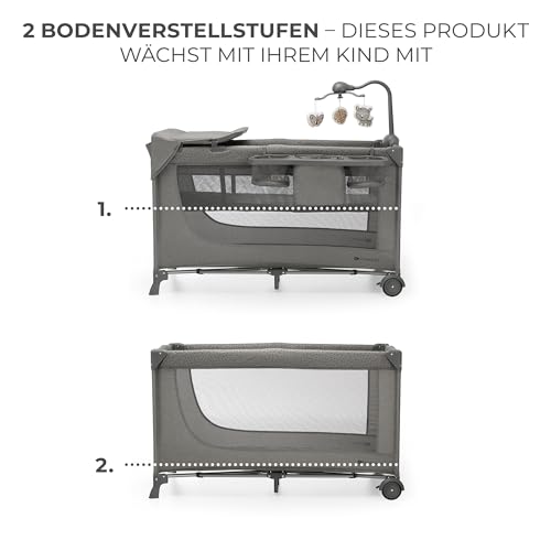 Kinderkraft Joy 2 Acc Kinderbett, 3 in 1 Kinderreisebett, Babybetten, Kinderbett, Reisebett, Modernes Design, Kleine Abmessungen nach Zusammenklappe, Praktisches Zubehör, Räder, Dunkelgrau