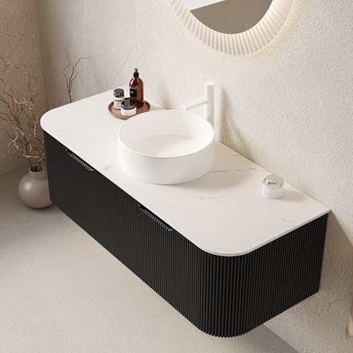 Image of KEIKI 48 inch Wall-Mounted Floating Bathroom Vanity with Sink, Pre-Assembled Storage Cabinet with 3D Textured Drawers & Curved Edge Design, Durable Ceramic Basin, Black