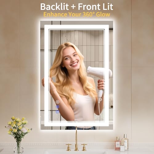 Image of 24X36 LED Bathroom Mirror with Lights, Anti-Fog, Backlit + Front Lit, Dimmable, Led Vanity Mirror for Wall, Lighted Bathroom Mirror, 3 Colors, Shatter-Proof Tempered Glass