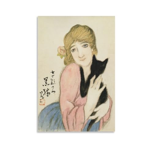 竹久夢二《女十題 黒猫》絵画ポスター プリント 部屋飾り ウォールアート ベッドルーム 版画 インテリア20x30inch(50x75cm)