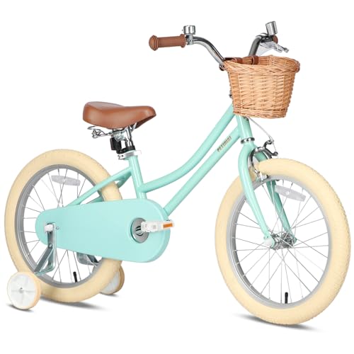 Petimini 16 Inch Little Kids Bike for Age 4 5 6 7 Years Old Girls Retro Vintage Style Bicycles with Basket Training Wheels and Bell, Mint Green