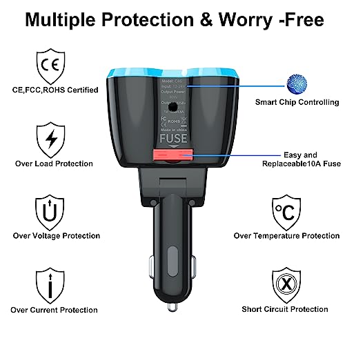Cigarette Lighter Splitter: USB C 12V Car Charger Adapter 2 Socket Type C Multi 12 Volt Power Outlet 24V DC 80W with LED Voltmeter Switch 6.3A Dual USB Port for Mobile Cell Phone GPS Dash Cam by Qidoe - Used condition - Image 6