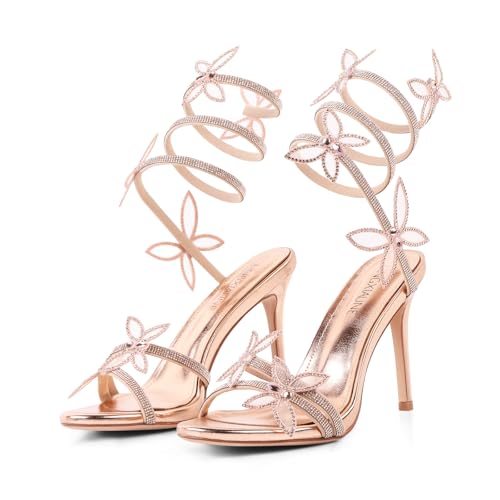Image of perixir Gold Heels for Women, High Heels with Spiral, 4.17 inch Stiletto Heeled Sandals for Dressy Women, Lace Up Sandals Comfortable Slingback Sandal