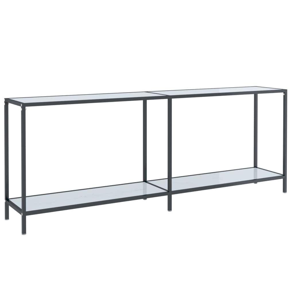 Stolik konsolowy biały 200 x 35 x 75,5 cm, szkło hartowane i stal, stół do przedpokoju z półką, nowoczesne wzornictwo do salonu, wytrzymała szafka wejściowa