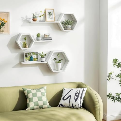 Image of Engineered Wood Woden Hexagonal Shape Wall Hanging Rack Floating Shelves for Display for Photos,Plants Living Room, Bedroom,Bathroom, Kitchen, Office Decor (White)