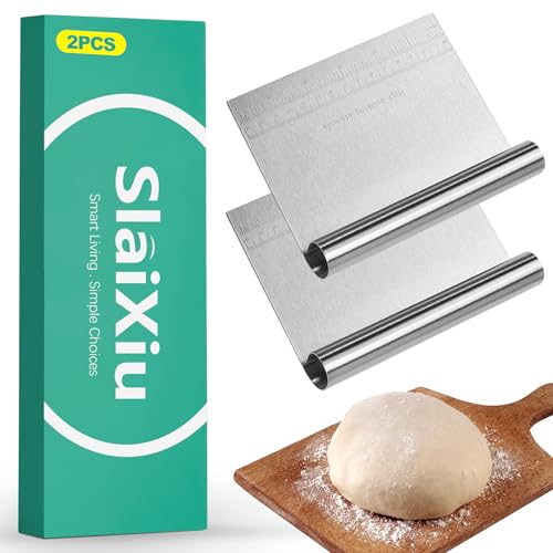 slaixiu 2PCS Stainless Steel Dough Scraper Set - Bench Scraper & Cutter with Scale for Baking, Pastry, Bread Making & Cutting Boards, Multipurpose Kitchen Tool