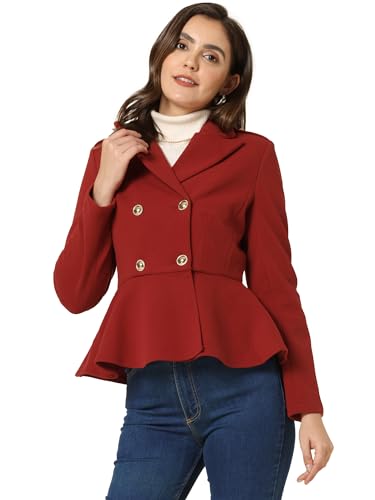 Allegra K Double Breasted Pea Coat for Women's Notched Lapel Office Blazer Peplum Jacket