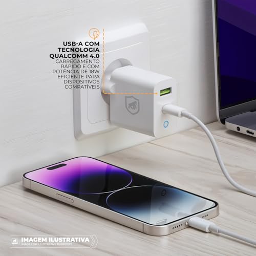 Gshield Carregador de Parede Turbo Delivery 20W QC 4.0 com 2 Saídas Tipo C e USB C, Carregamento Ult