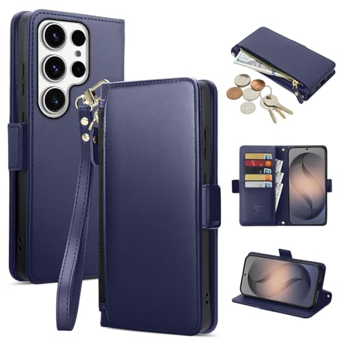 COBEAR for Samsung Galaxy S24 Ultra Case Wallet, Pu Leather Flip Phone Case with Wrist Strap, Zipper Pocket, Kickstand, Women Men Phone Wallet Case with Card Holder for Samsung S24 Ultra,Blue