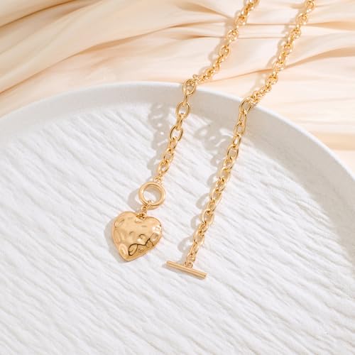 FAMARINE Chunky Gold Heart Pendant Necklace for Women, Vintage Textured Heart Pendant Chain Necklace for Party, Vacation, Wedding, Anniversary, Everyday Fashion Jewelry — view 4