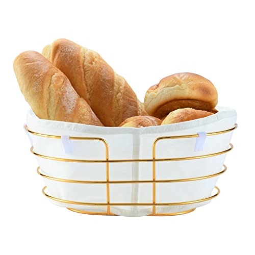 Panier à pain pour table avec tissu en lin, panier de service en métal pour pain, pain, muffins, scones, gâteaux, chips pour la maison et le restaurant, doré/blanc