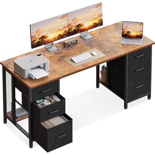 Coleshome Escritorio con 6 Cajones de Tela, 160x52 cm Mesa Escritorio con Estantes, Escritorio Ordenador Grande con Espacio de Almacenamiento para Oficina en Casa, Marrón