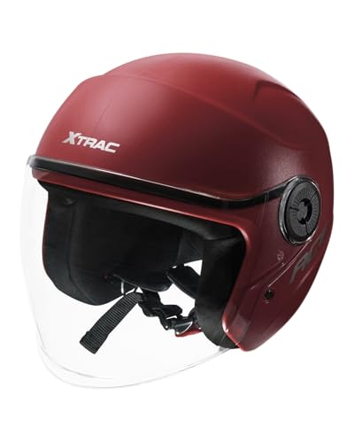 Image of Xtrac Ace ISI Certified Open Face Helmet for Men & Women | Half Face Bike Helmet with Scratch-Resistant Clear Visor | Lightweight ABS Shell | Quick Release Buckle | Wine Red - L