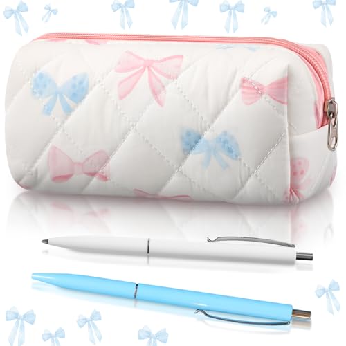 Image of Sherr Coquette Bow Pencil Case Pink Blue Bow Cute Pencil Pouch Soft Cotton Storage Bag Aesthetic Pattern Gift Makeup Pouch Cosmetic Bag for Women Adults